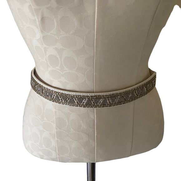 White House Black Market Beaded Studded Rhinestone snap button elastic belt sz S - Picture 1 of 16